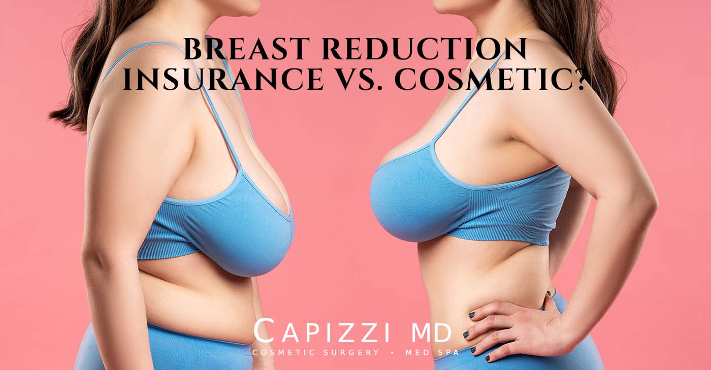 Woman facing herself showing the difference between an Insurance Vs. Cosmetic Breast Reduction.