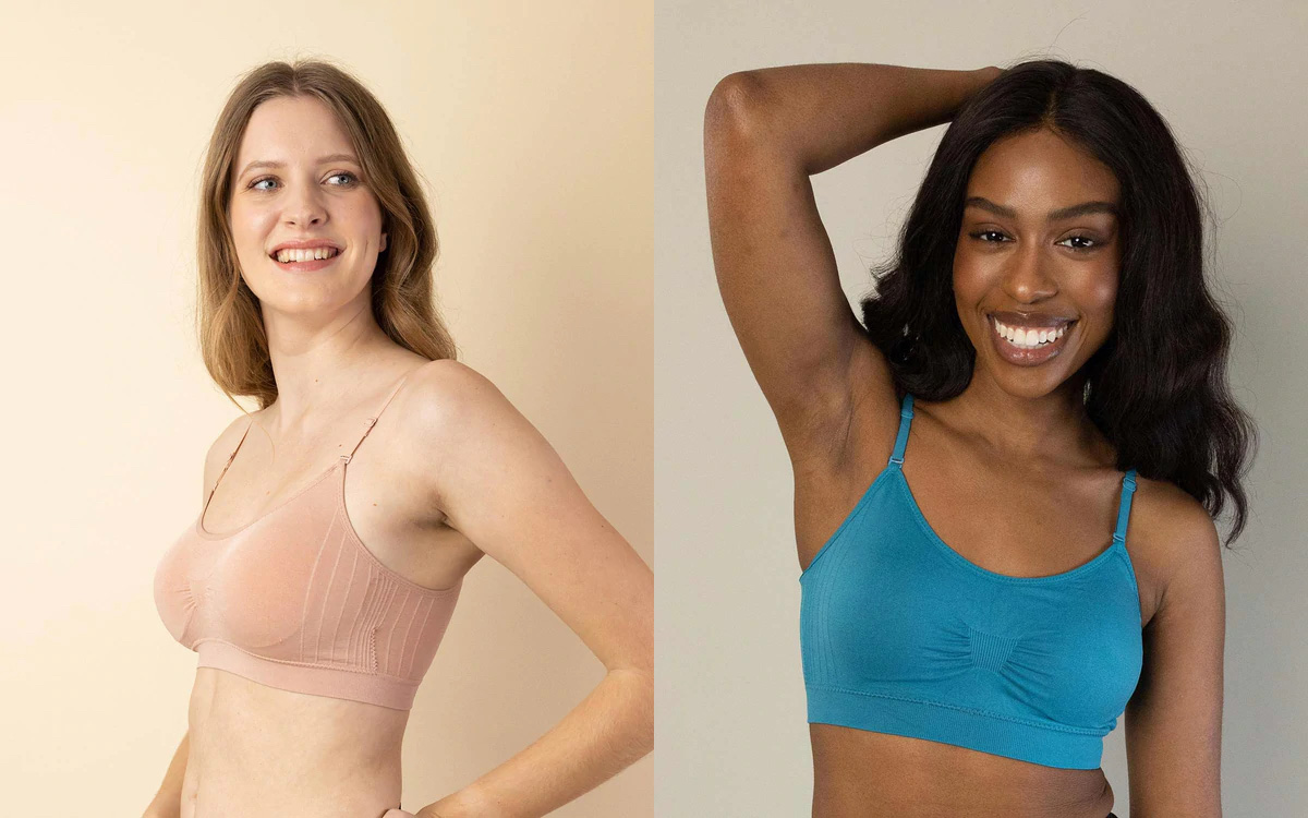 Two women wearing the Coobie Bra After Breast Augmentation.