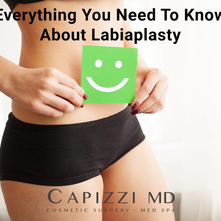 Women in black shorts holding green smiley face with text "Everything You Need To Know About Labiaplasty" and Capizzi MD logo
