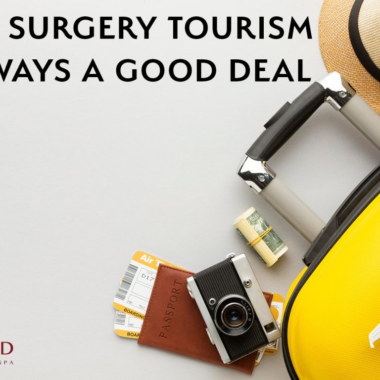Carryon luggage bag, roll of cash, passport, airline tickets and hat with the title Plastic surgery tourism not always a good deal.
